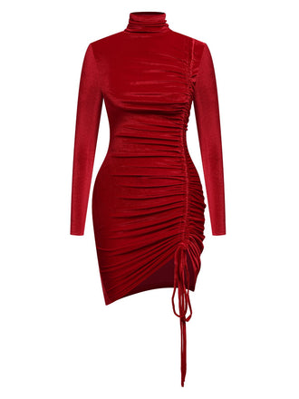 Red 1970s Solid Long Sleeves Velvet Dress