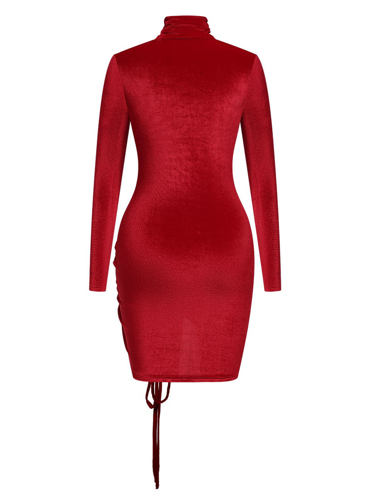 Red 1970s Solid Long Sleeves Velvet Dress