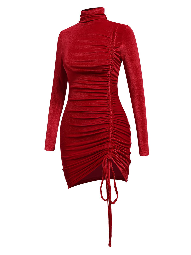 Red 1970s Solid Long Sleeves Velvet Dress