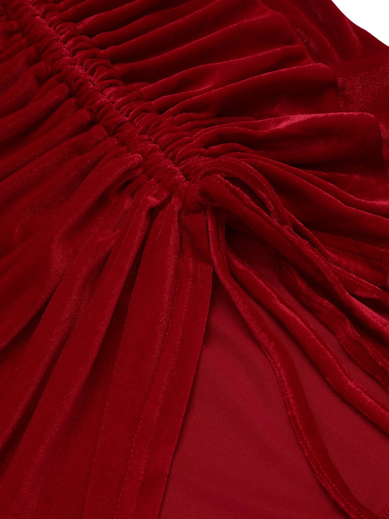 Red 1970s Solid Long Sleeves Velvet Dress