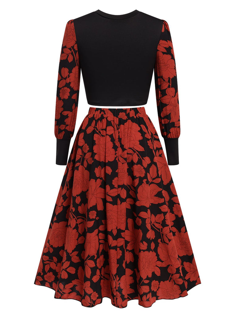 Black&Red 1980s Floral Long Sleeves Top&Skirt
