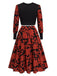 Black&Red 1980s Floral Long Sleeves Top&Skirt