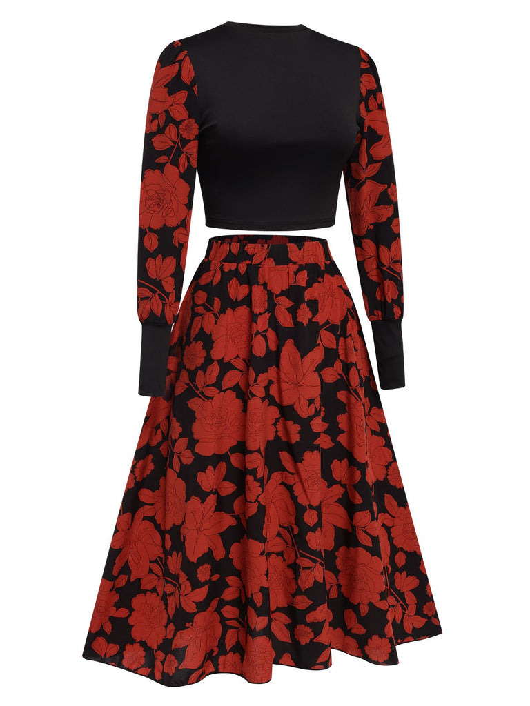 Black&Red 1980s Floral Long Sleeves Top&Skirt