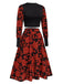 Black&Red 1980s Floral Long Sleeves Top&Skirt