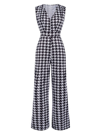 Black 1930s Houndstooth V-Neck Sleeveless Jumpsuit