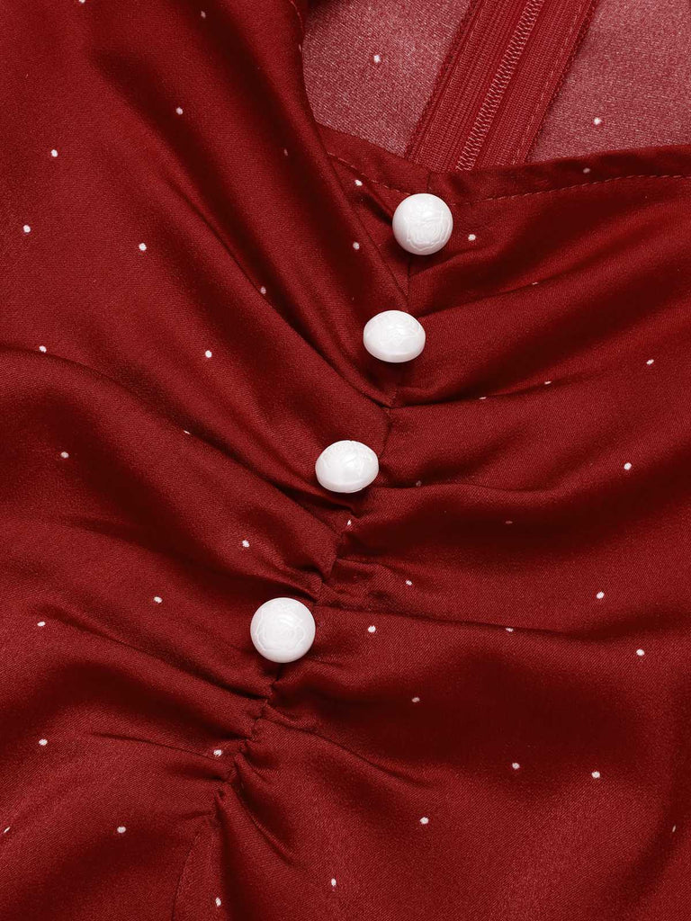 Red 1960s Hollow Out Button Satin Dress
