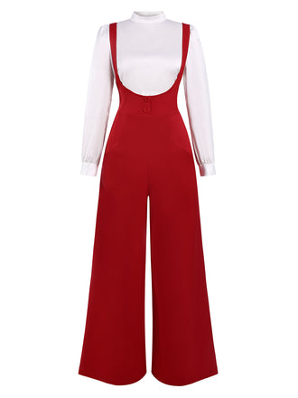 2PCS 1970s Satin High Neck Blouse & Suspender Pants