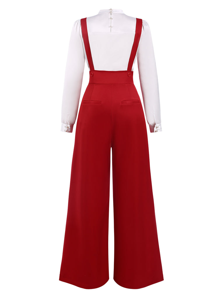 2PCS 1970s Satin High Neck Blouse & Suspender Pants