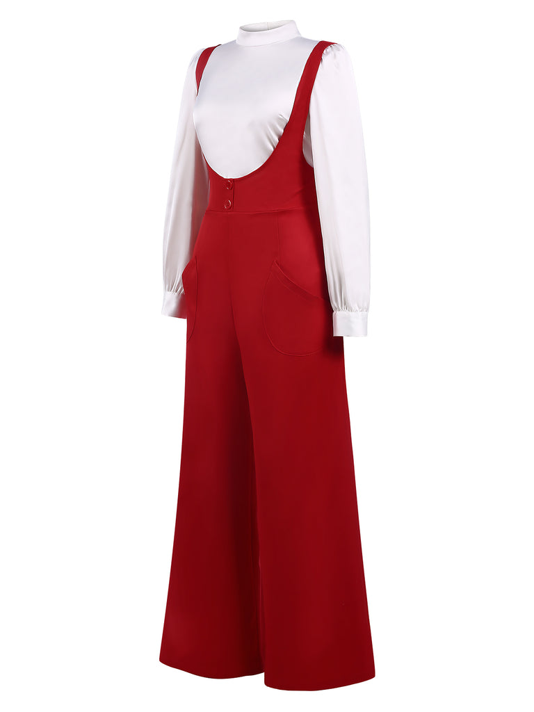 2PCS 1970s Satin High Neck Blouse & Suspender Pants