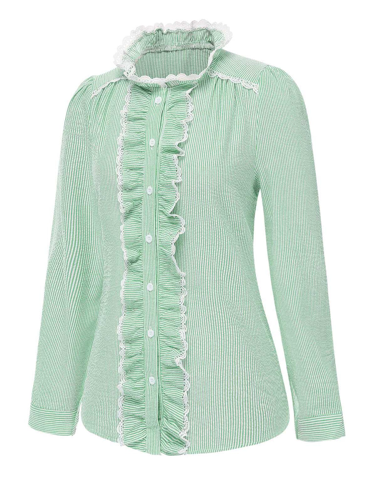 1940s Ruffles Lace Stripes Blouse
