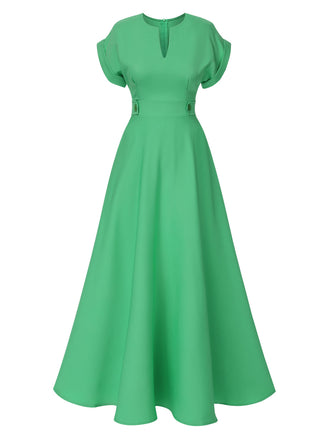 Green 1930s Temperament V-Neck Solid Dress