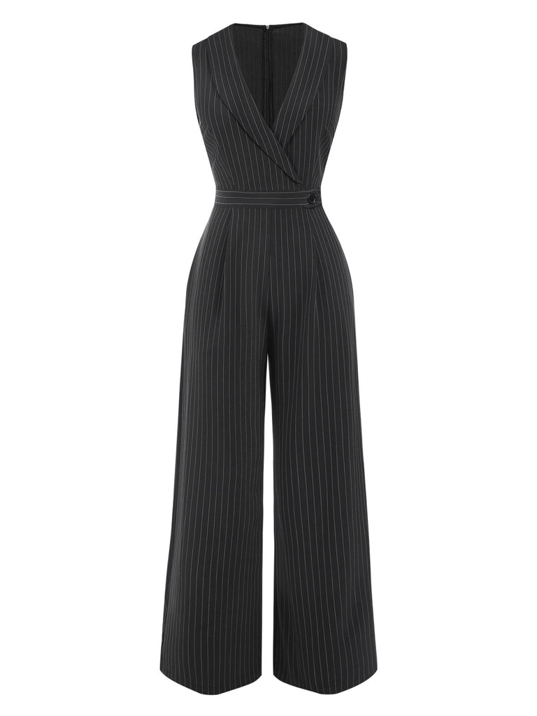 Gray 1940s Pinstripes Sleeveless Lapel Jumpsuit