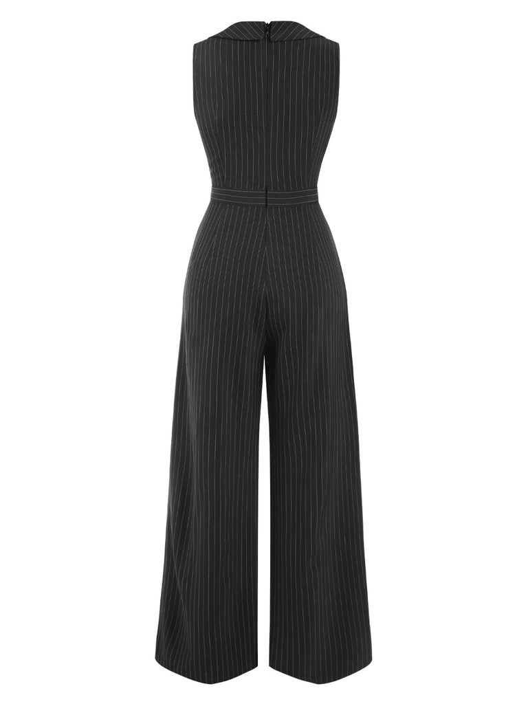 Gray 1940s Pinstripes Sleeveless Lapel Jumpsuit