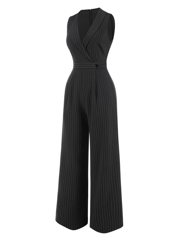 Gray 1940s Pinstripes Sleeveless Lapel Jumpsuit