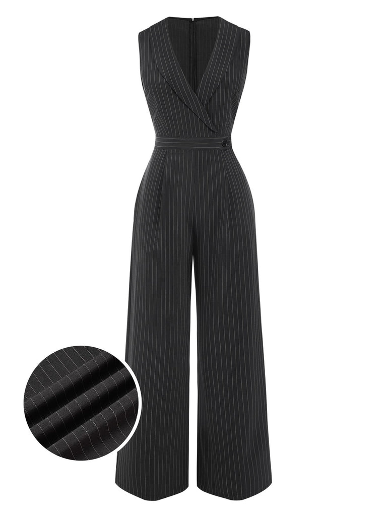 Gray 1940s Pinstripes Sleeveless Lapel Jumpsuit