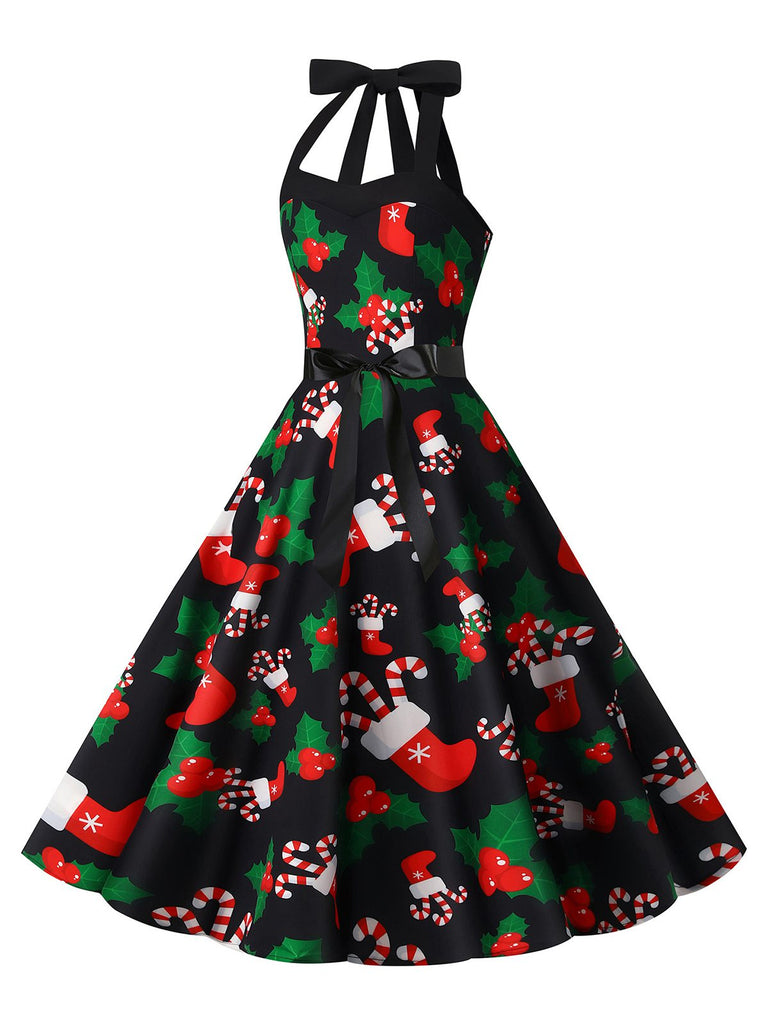1950s Christmas Halter Belted Swing Dress