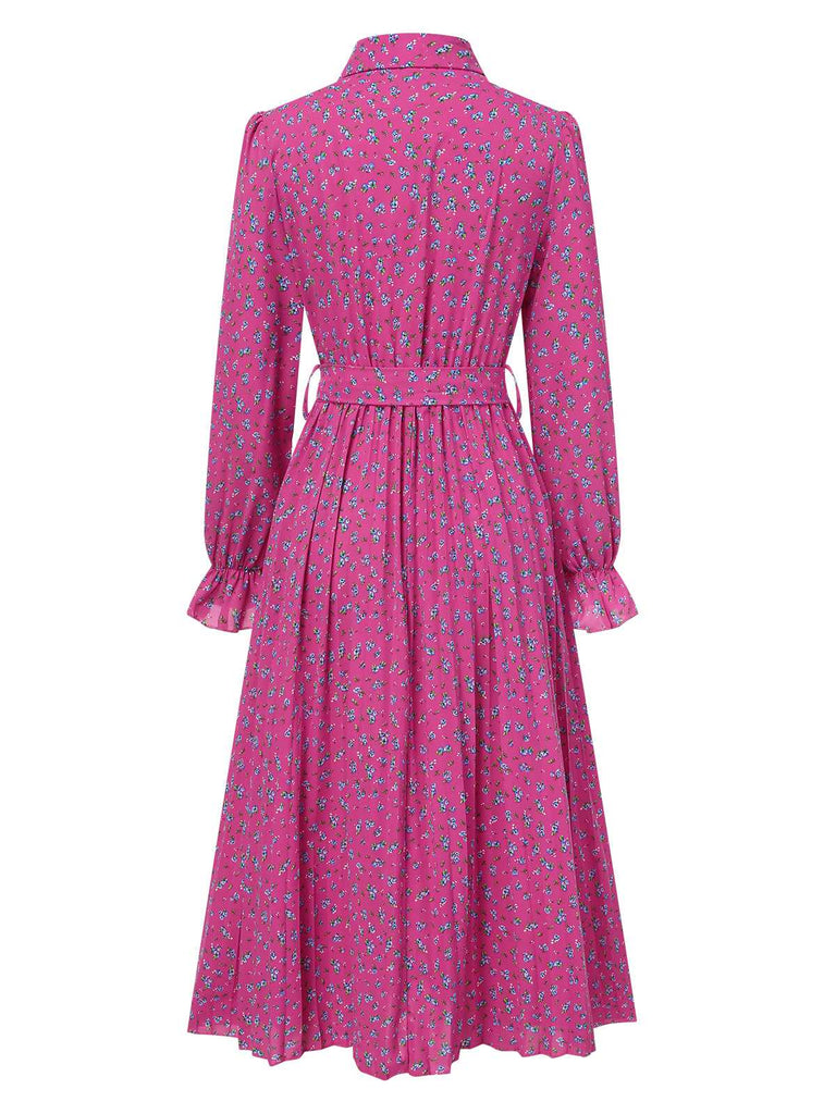 1940s Ditsy Floral Pleated Shirt Belted Dress