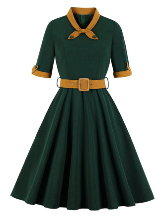 Green 1950s Tie Neck Contrast Patchwork Dress