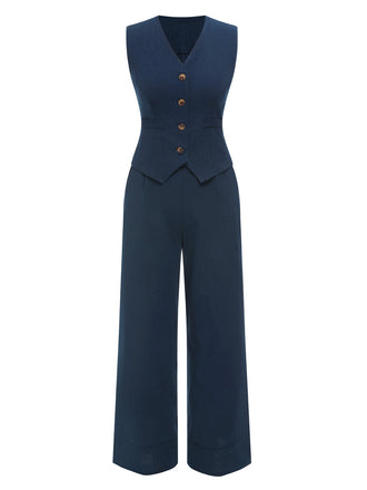 2PCS Dark Blue 1960s Solid Sleeveless Blazer Suit