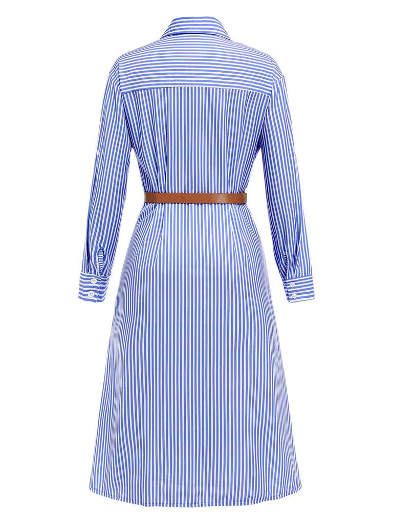 Blue 1940s Rolled Sleeves Striped Shirt Dress