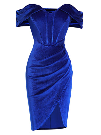 Blue 1960s Solid Drop Shoulder Velvet Dress