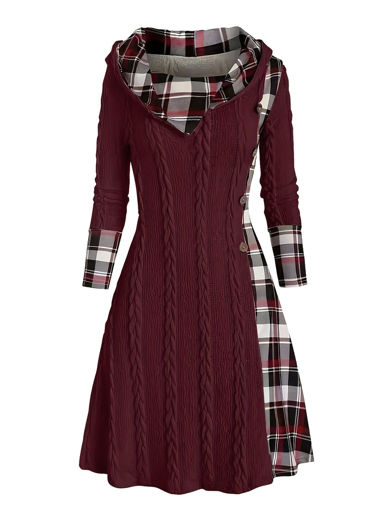 White 1950s Plaid Knit Hooded Dress