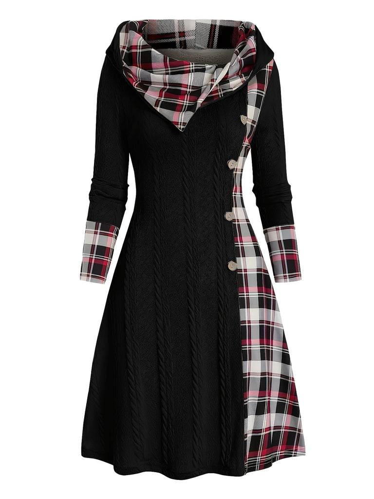 White 1950s Plaid Knit Hooded Dress