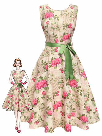 Multicolor 1950s Rose Pictorial Belted Dress