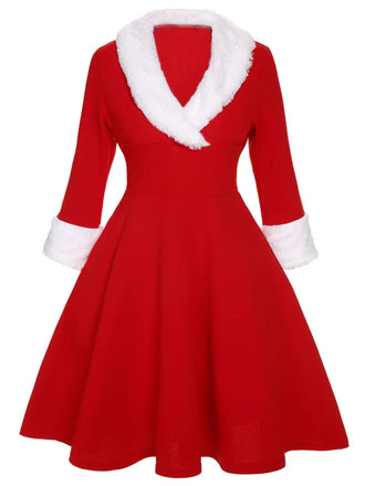 [Plus Size] Red & White 1950s Christmas Lapel Dress