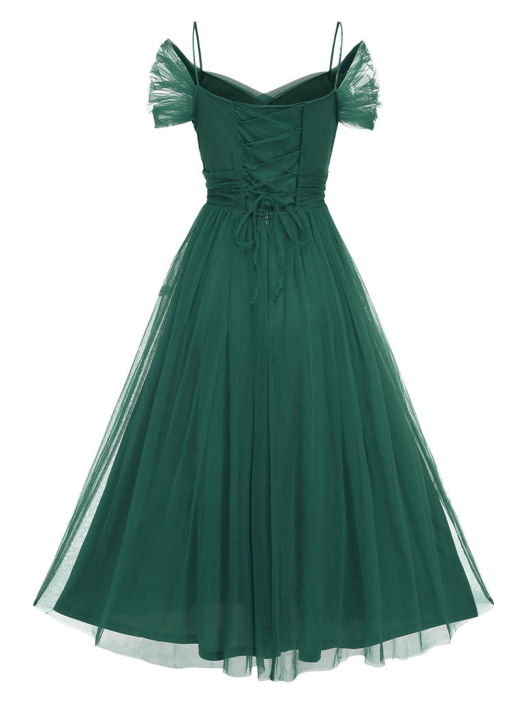 1950s Spaghetti Strap Off-Shoulder Mesh Dress