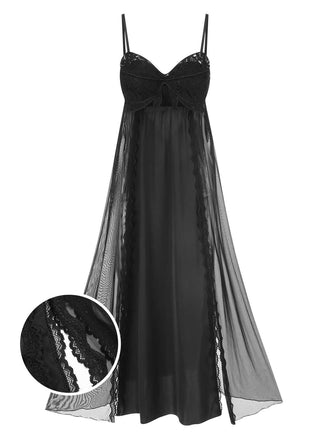 Black 1950s Spaghetti Strap Bow Lace Mesh Nightgown