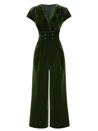 Green 1930s Buttoned V-Neck Velvet Jumpsuit