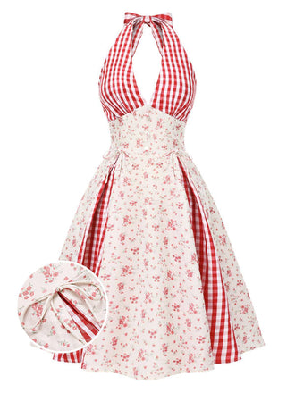 Red 1950s Countryside Floral Plaid Halter Dress