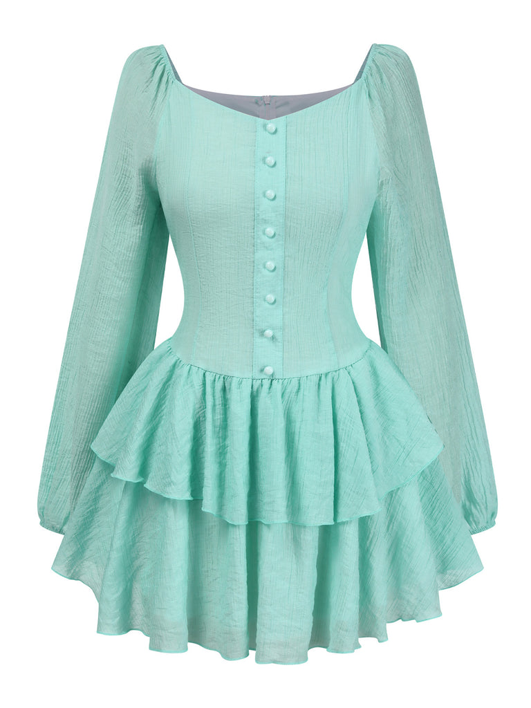 Light Blue 1960s Solid Layered Hem Chiffon Dress
