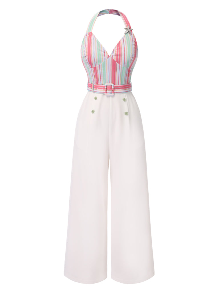 1950s Halter Starfish Colorful Stripes Belted Jumpsuit