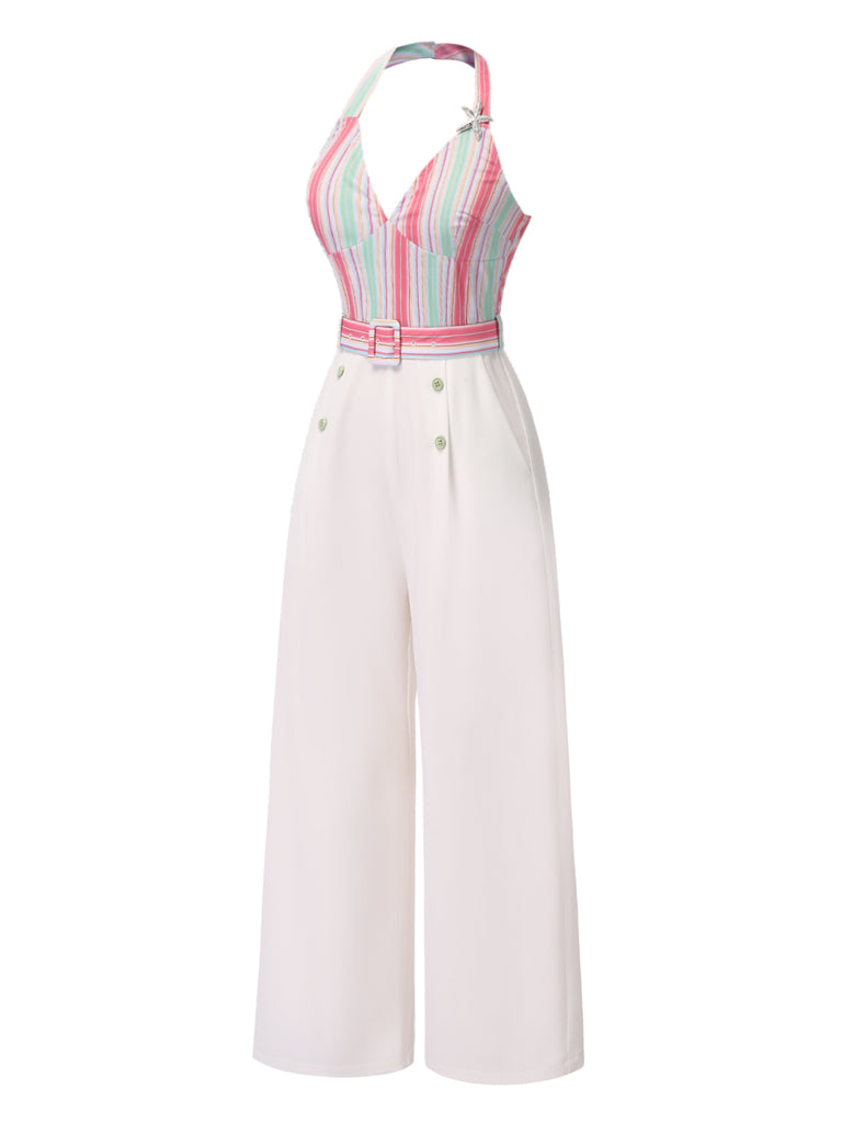 1950s Halter Starfish Colorful Stripes Belted Jumpsuit