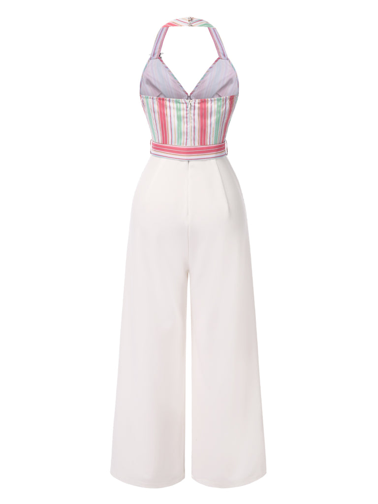 1950s Halter Starfish Colorful Stripes Belted Jumpsuit