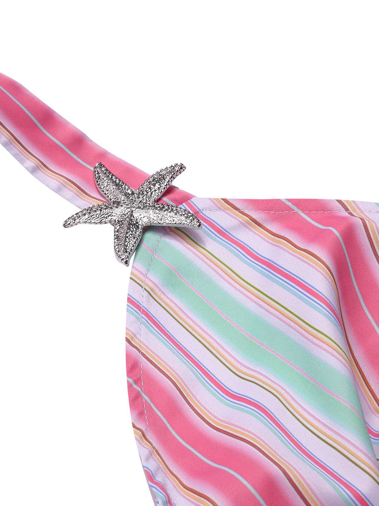 1950s Halter Starfish Colorful Stripes Belted Jumpsuit
