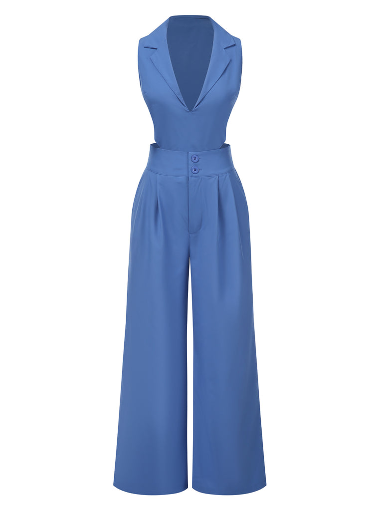 2PCS Blue 1940s Solid Top & Wide-leg Pants