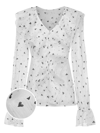 White 1940s Heart Dots Illusion Ruffle Blouse