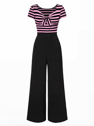 [Pre-Sale] Pink 1950s Hollow Bow Stripe Patchwork Jumpsuit