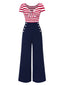 Red 1950s Hollow Bow Stripe Patchwork Jumpsuit