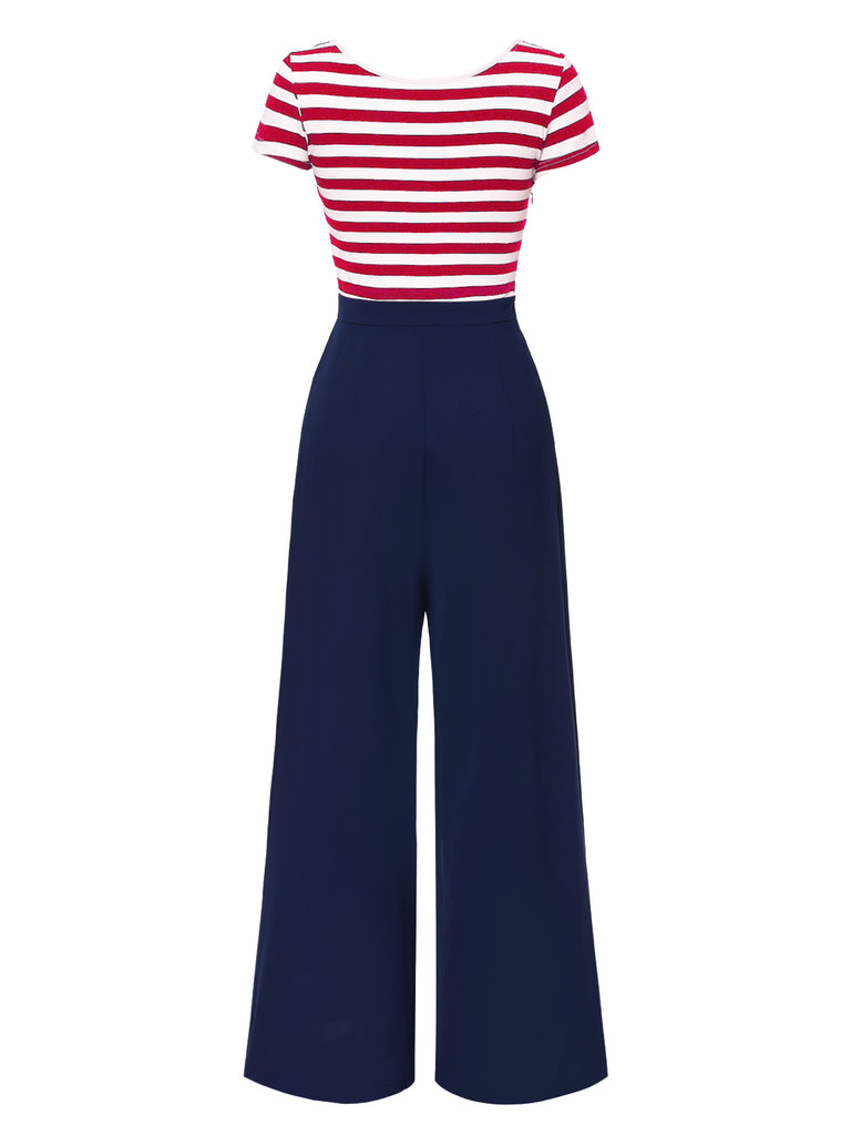 Blue 1950s Hollow Bow Stripe Patchwork Jumpsuit