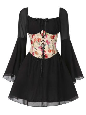 Black 1960s Flare Sleeve Floral Corset Mini Dress