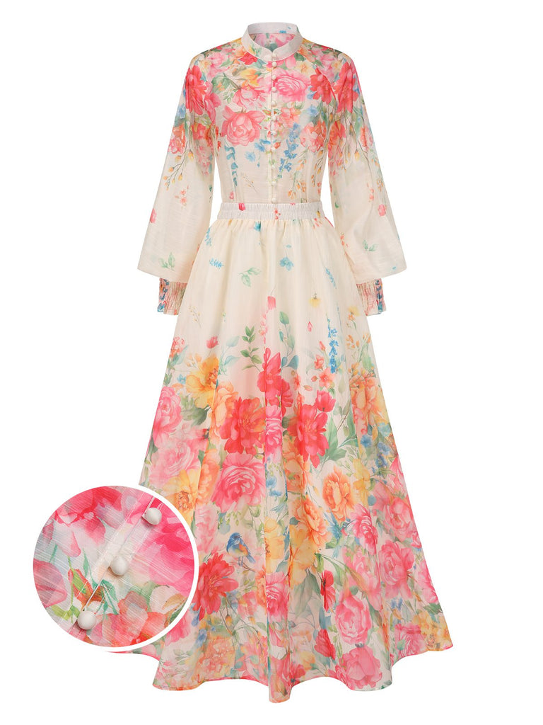 2PCS Multicolor 1970s Mandarin Collar Floral Blouse & Skirt