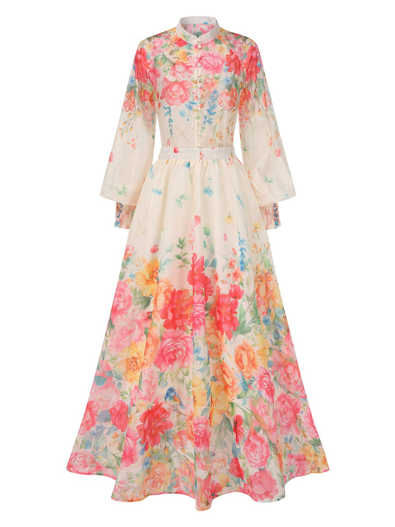 2PCS Multicolor 1970s Mandarin Collar Floral Blouse & Skirt