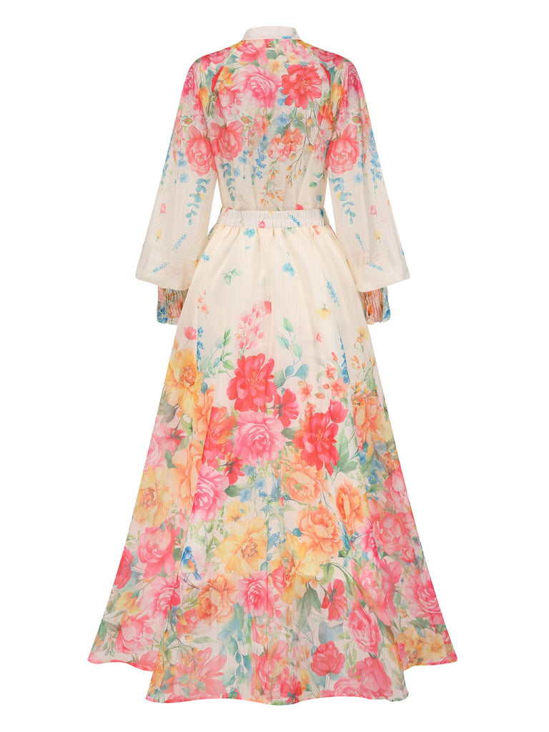 2PCS Multicolor 1970s Mandarin Collar Floral Blouse & Skirt
