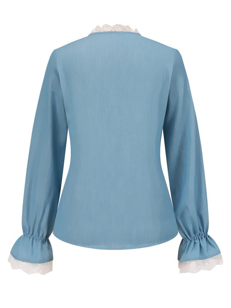 Blue 1950s Lace Trim Buttoned Blouse