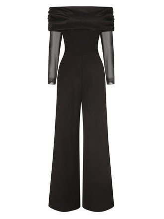 Black 1950s Off-Shoulder Sheer Sleeve Jumpsuit