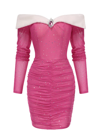 [Pre-Sale] Pink 1960s Glitter Off-Shoulder Plush Wrinkle Dress